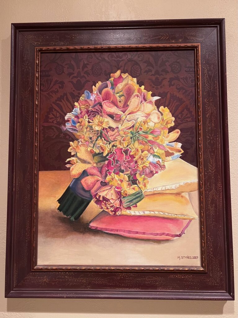 A painting of a colorful flower bouquet. 